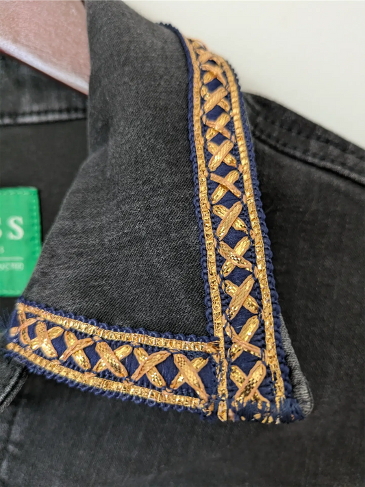 Black Upcycled Jean Jacket: Festival Outfit, Hippie Clothes, One of a Kind (Size XS)