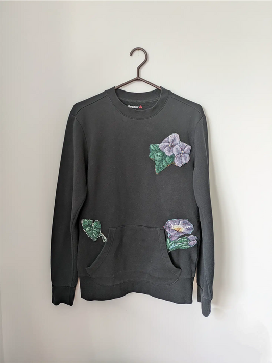 Black Upcycled Unisex Sweatshirt: Cottage Core, Plant Lover Gift, One of a Kind (Size S)