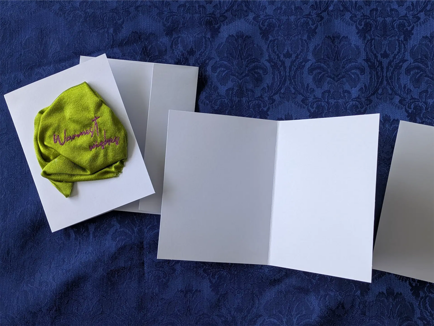 Handmade Embroidered Blank Card - Green, "Warmest Wishes"