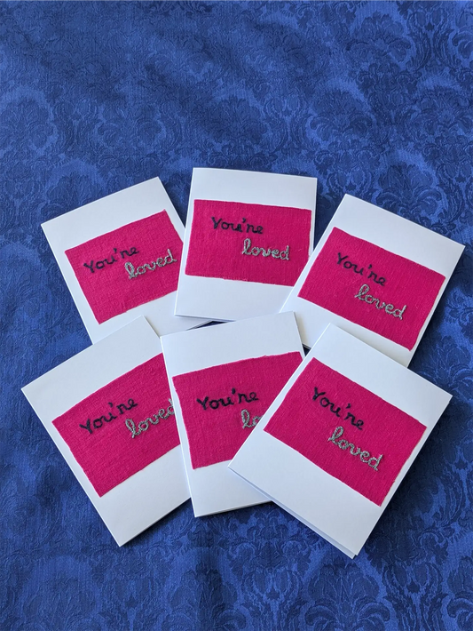 Handmade Embroidered Blank Card - Pink Cotton, "You're loved"