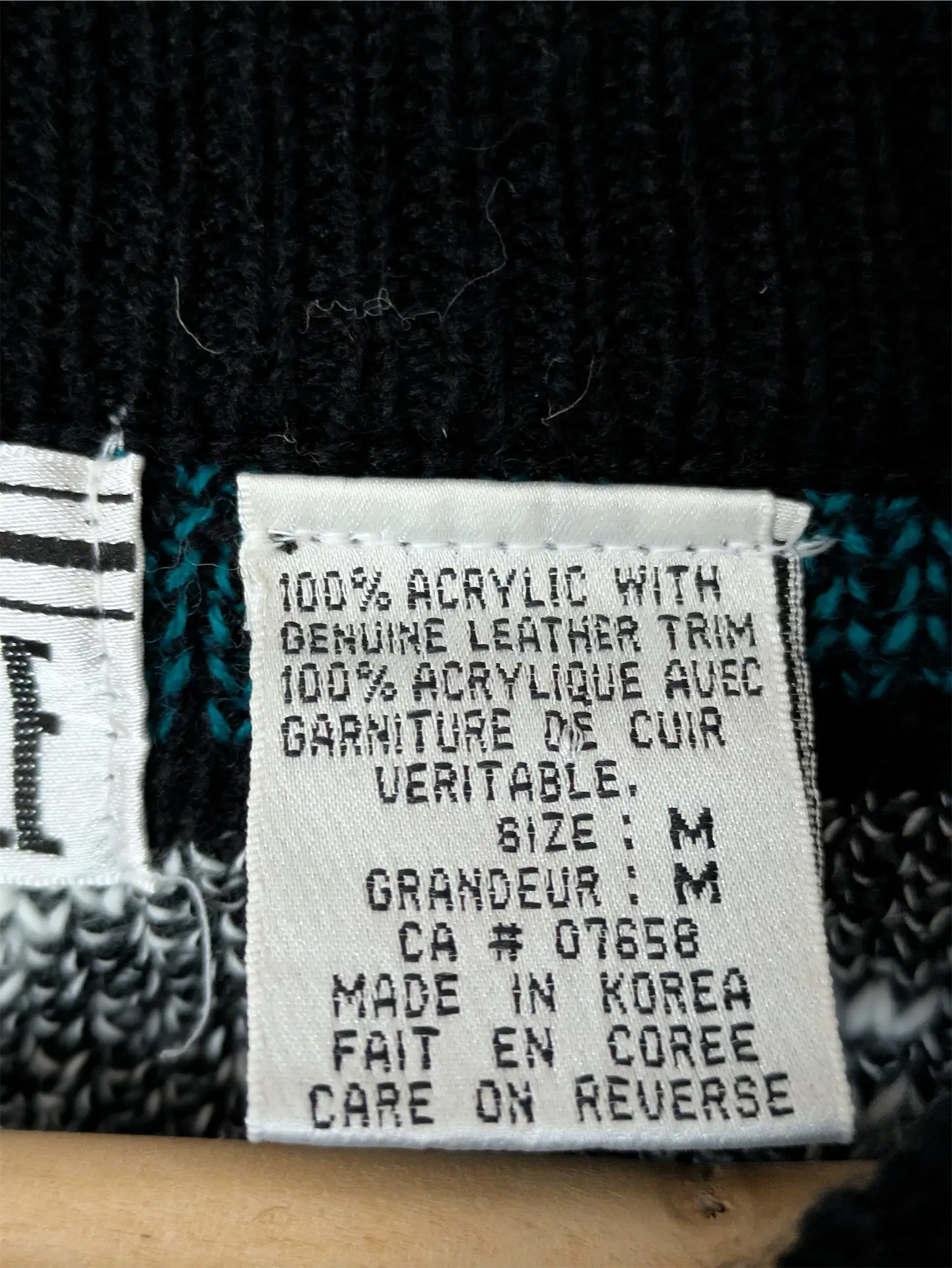 Teal / Black Unisex 1990s Sweater with Leather Trim - Gabrielle (Size M)