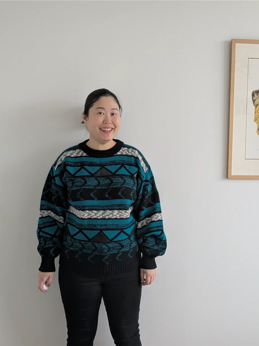 Teal / Black Unisex 1990s Sweater with Leather Trim - Gabrielle (Size M)