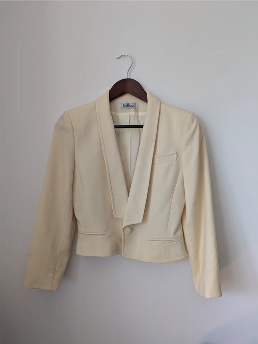 White Vintage Bridal Cropped Wool Blazer: 80s Tailored Style (Size XS)