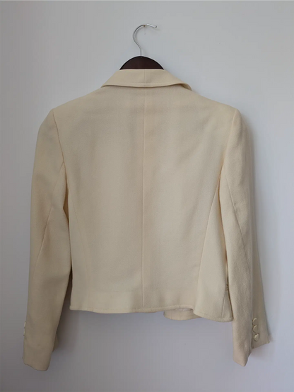 White Vintage Bridal Cropped Wool Blazer: 80s Tailored Style (Size XS)
