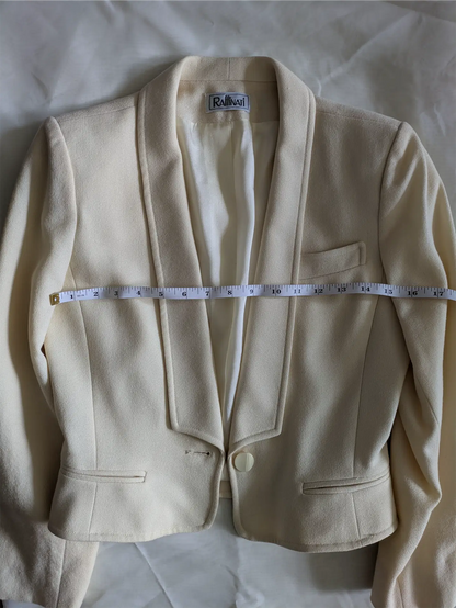 White Vintage Bridal Cropped Wool Blazer: 80s Tailored Style (Size XS)