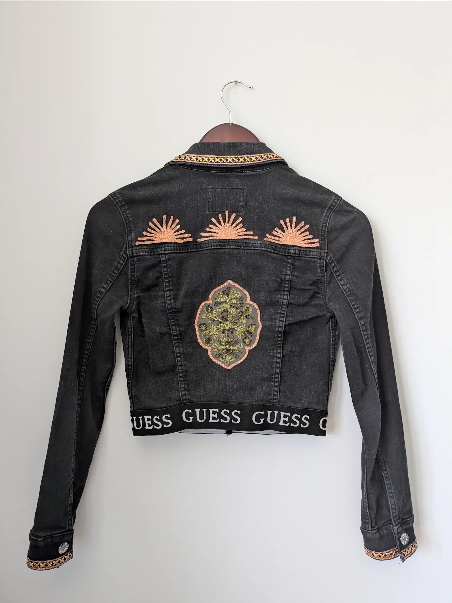 Black Upcycled Jean Jacket: Festival Outfit, Hippie Clothes, One of a Kind (Size XS)