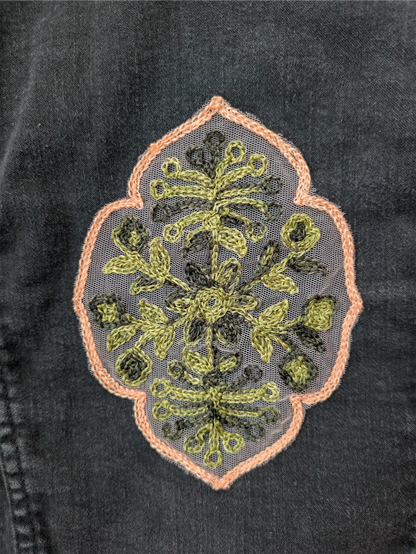 Black Upcycled Jean Jacket: Festival Outfit, Hippie Clothes, One of a Kind (Size XS)