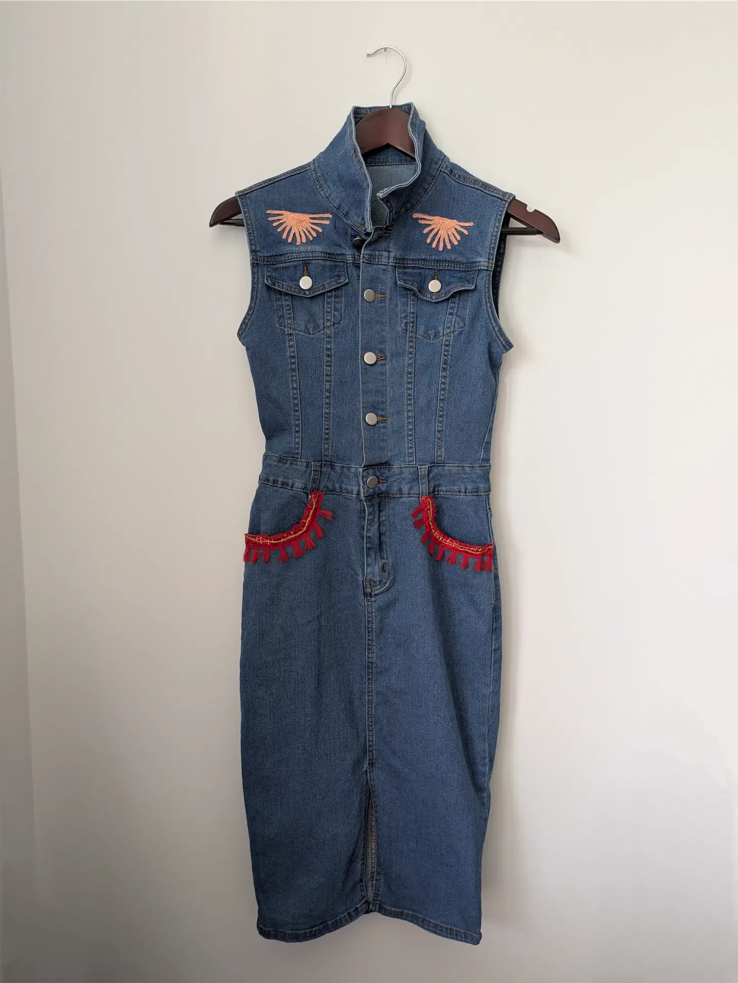 Upcycled Blue Denim Dress: Boho Dress Reworked with Sari Trim, One of a Kind (Size XS)