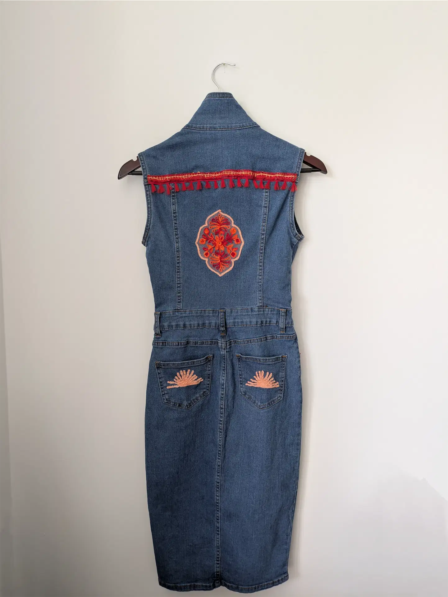 Upcycled Blue Denim Dress: Boho Dress Reworked with Sari Trim, One of a Kind (Size XS)