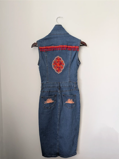Upcycled Blue Denim Dress: Boho Dress Reworked with Sari Trim, One of a Kind (Size XS)