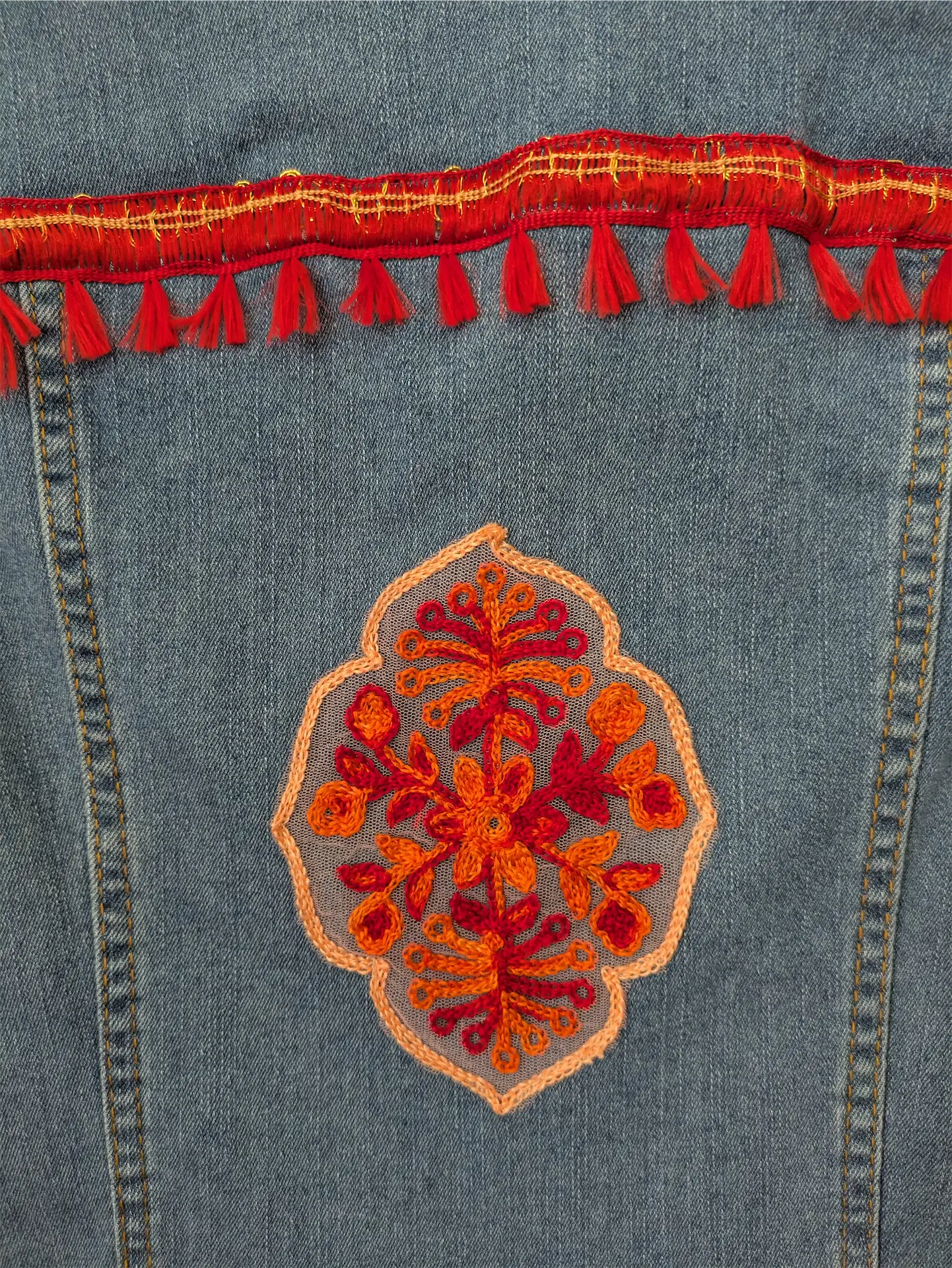 Upcycled Blue Denim Dress: Boho Dress Reworked with Sari Trim, One of a Kind (Size XS)