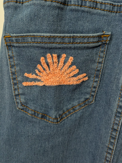 Upcycled Blue Denim Dress: Boho Dress Reworked with Sari Trim, One of a Kind (Size XS)