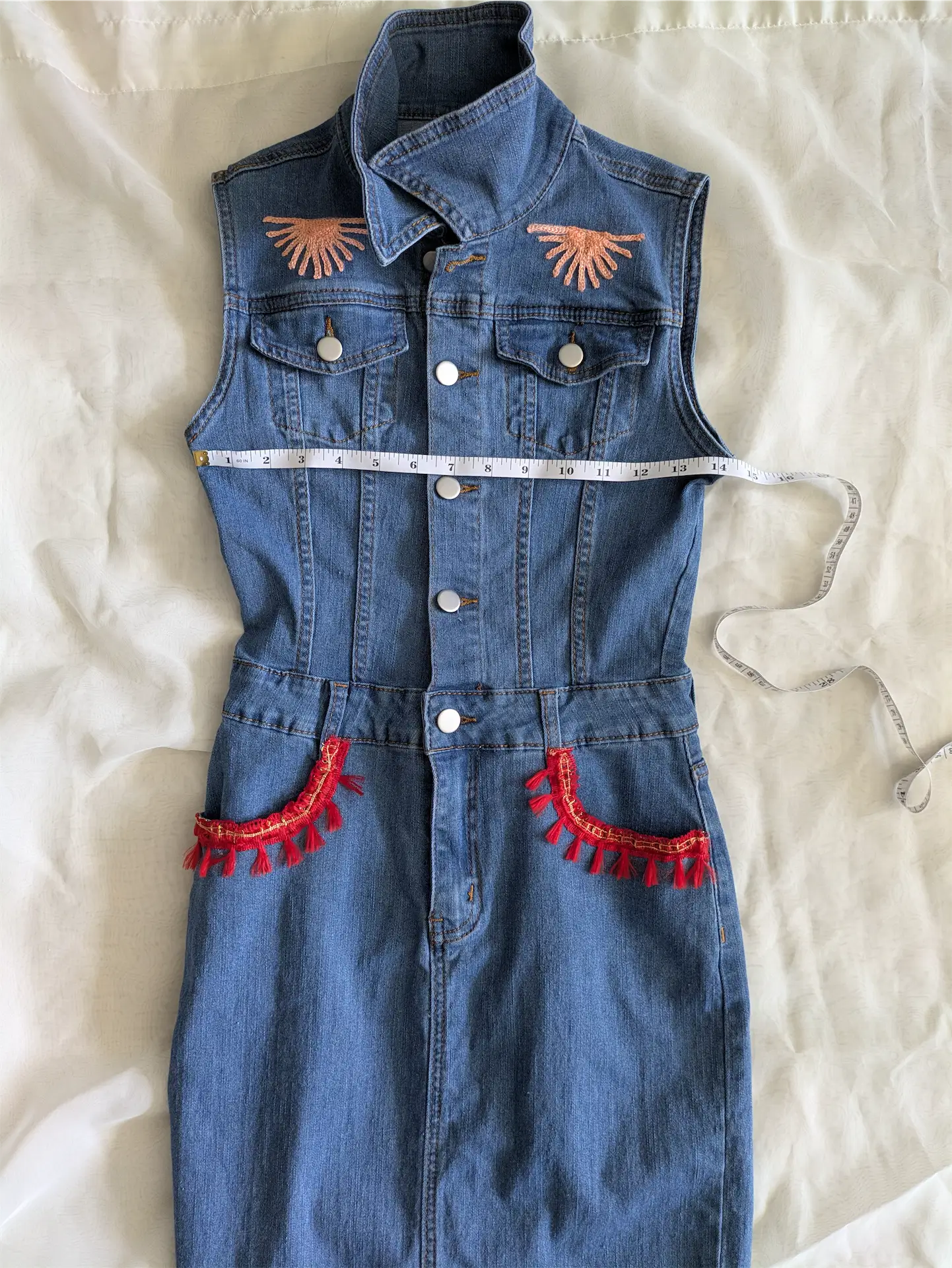 Upcycled Blue Denim Dress: Boho Dress Reworked with Sari Trim, One of a Kind (Size XS)