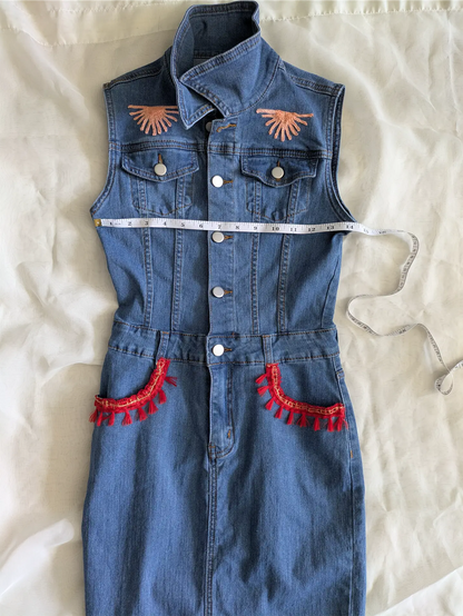 Upcycled Blue Denim Dress: Boho Dress Reworked with Sari Trim, One of a Kind (Size XS)