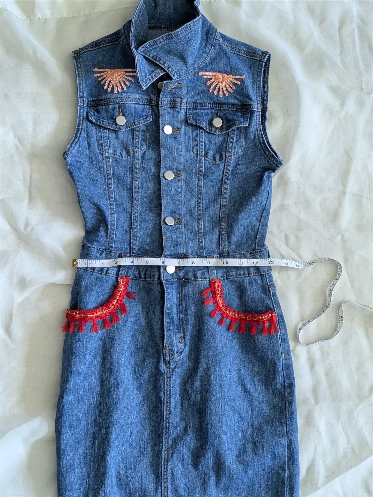 Upcycled Blue Denim Dress: Boho Dress Reworked with Sari Trim, One of a Kind (Size XS)