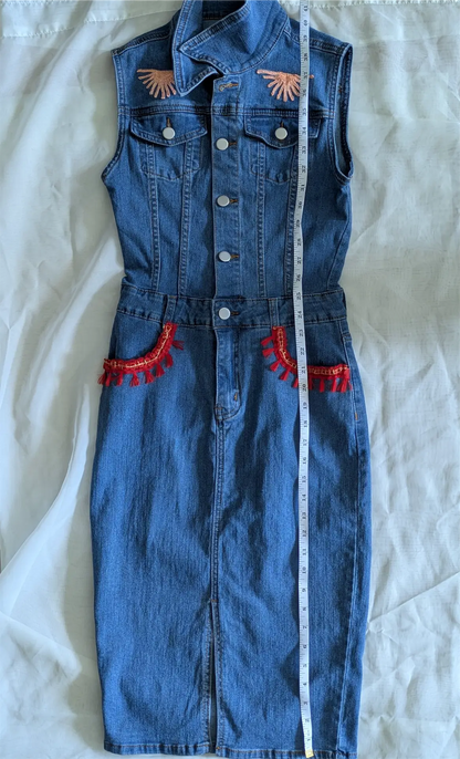 Upcycled Blue Denim Dress: Boho Dress Reworked with Sari Trim, One of a Kind (Size XS)