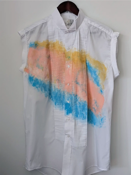 Upcycled Tuxedo Shirt Turned Women’s Shirtdress – Hand-Painted Abstract Art, Bold & One-of-a-Kind Statement Piece (Size S/M)