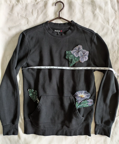 Black Upcycled Unisex Sweatshirt: Cottage Core, Plant Lover Gift, One of a Kind (Size S)