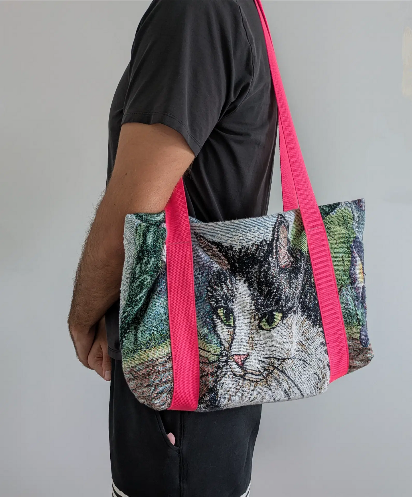 Handmade Cat-Themed Tapestry Tote - Cat Mom Gift, One of a Kind