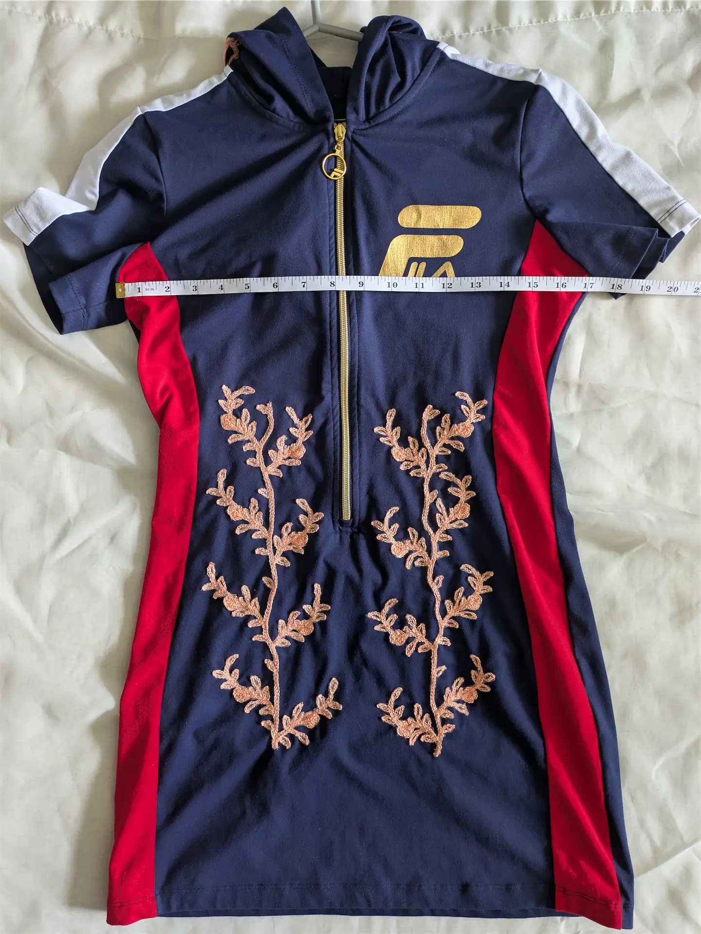One-of-a-Kind Sporty Fila Dress: Reworked with Reclaimed Embroidered Fabric, Fierce Intricate Upcycled Statement Piece (Size XS)