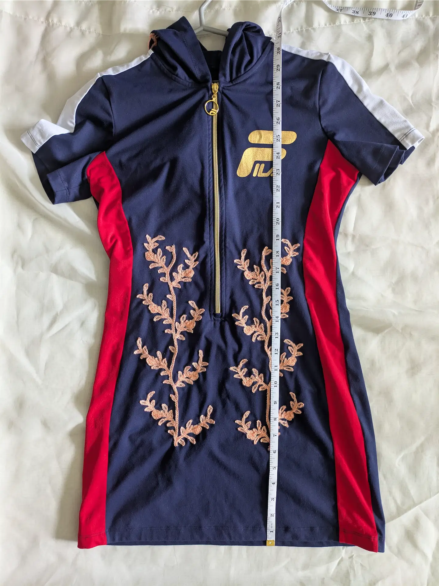 One-of-a-Kind Sporty Fila Dress: Reworked with Reclaimed Embroidered Fabric, Fierce Intricate Upcycled Statement Piece (Size XS)