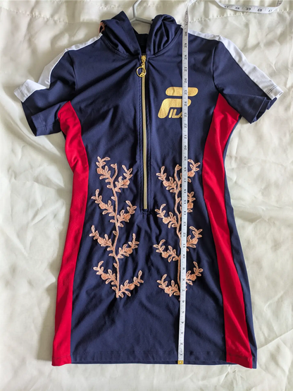 One-of-a-Kind Sporty Fila Dress: Reworked with Reclaimed Embroidered Fabric, Fierce Intricate Upcycled Statement Piece (Size XS)
