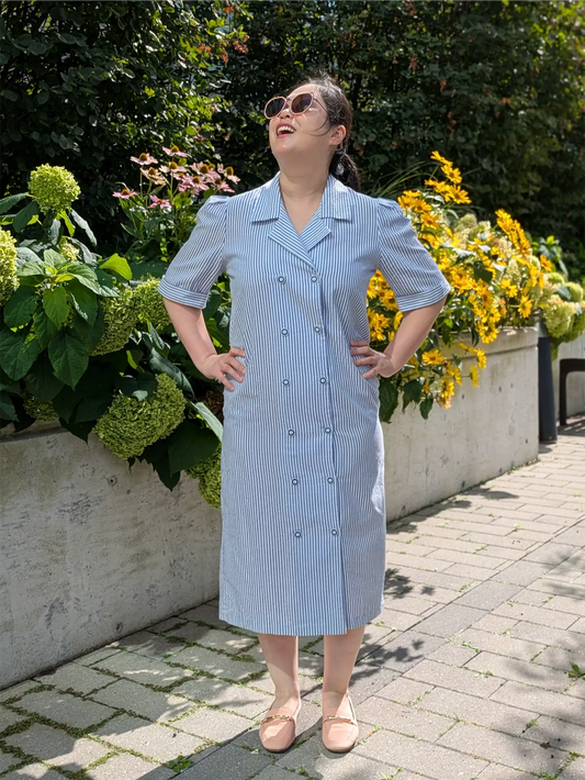 Blue Vintage 80s Seersucker Stripe Dress: Cottagecore Shirtdress (Size S/M)