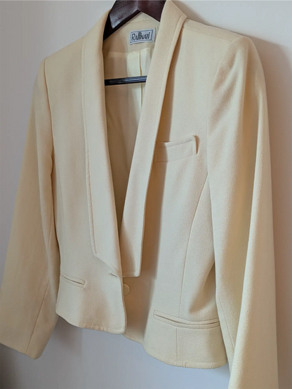 White Vintage Bridal Cropped Wool Blazer: 80s Tailored Style (Size XS)