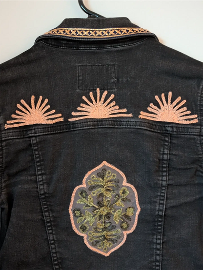 Black Upcycled Jean Jacket: Festival Outfit, Hippie Clothes, One of a Kind (Size XS)