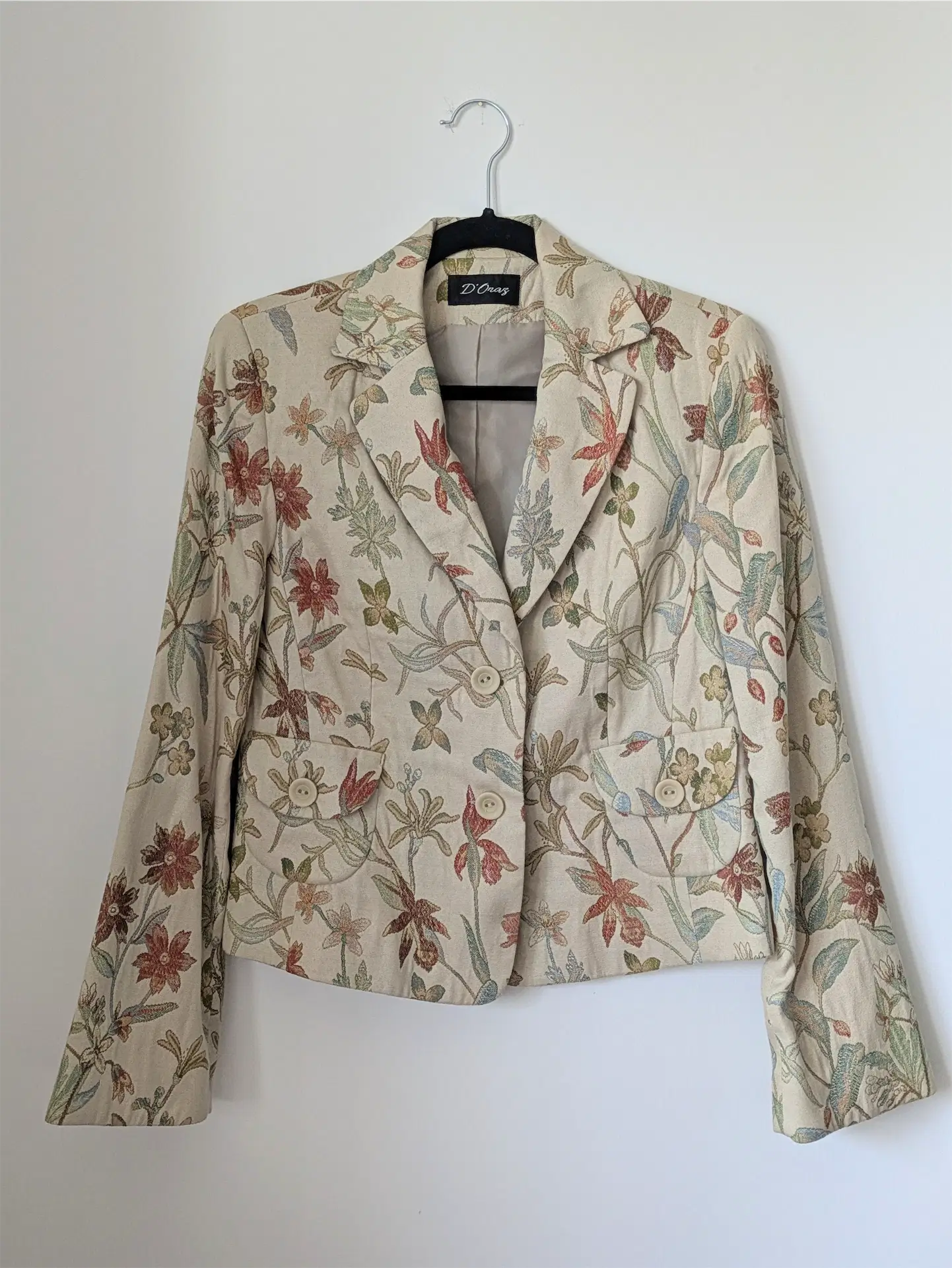 Beige Floral Vintage Blazer - Nature Tapestry / Flower Embroidery (Size S/M)
