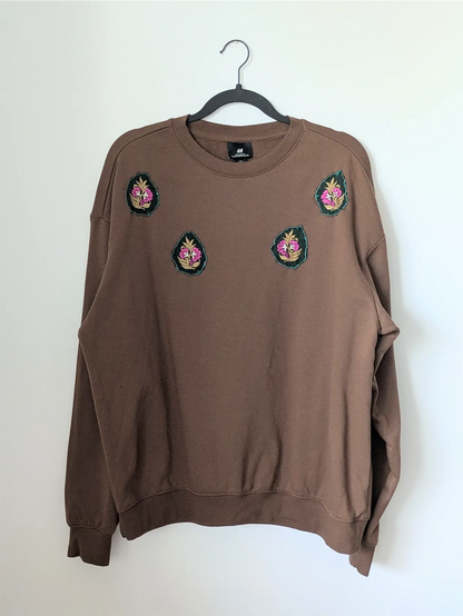 Brown Upcycled Unisex Sweatshirt: Fall Street Wear, Plant Lover Gift, One of a Kind (Size L)