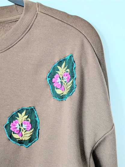 Brown Upcycled Unisex Sweatshirt: Fall Street Wear, Plant Lover Gift, One of a Kind (Size L)