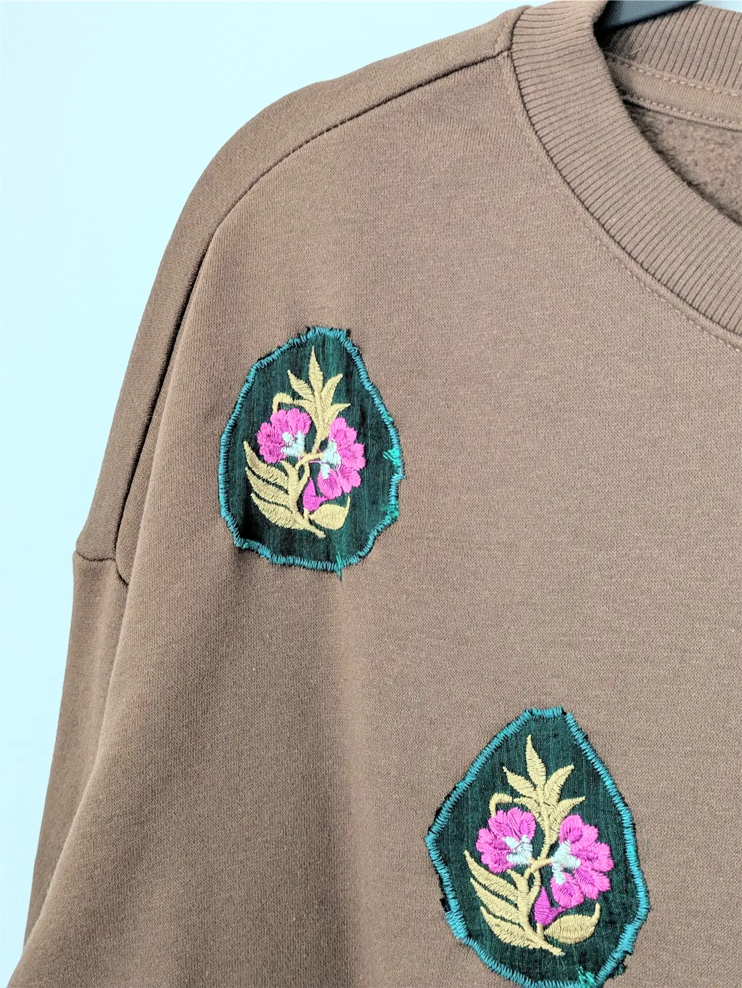 Brown Upcycled Unisex Sweatshirt: Fall Street Wear, Plant Lover Gift, One of a Kind (Size L)