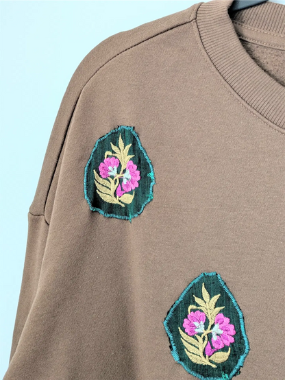 Brown Upcycled Unisex Sweatshirt: Fall Street Wear, Plant Lover Gift, One of a Kind (Size L)