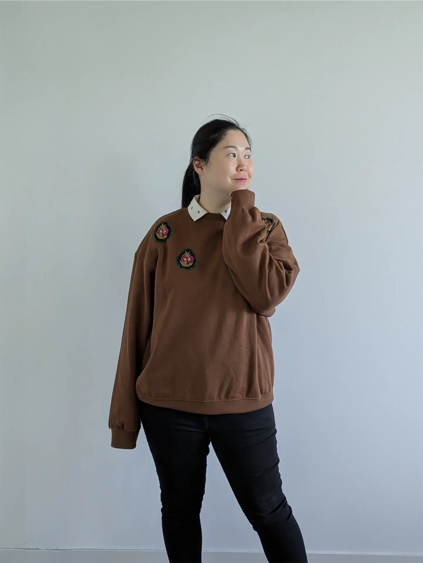 Brown Upcycled Unisex Sweatshirt: Fall Street Wear, Plant Lover Gift, One of a Kind (Size L)