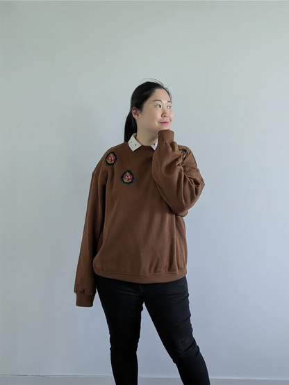 Brown Upcycled Unisex Sweatshirt: Fall Street Wear, Plant Lover Gift, One of a Kind (Size L)