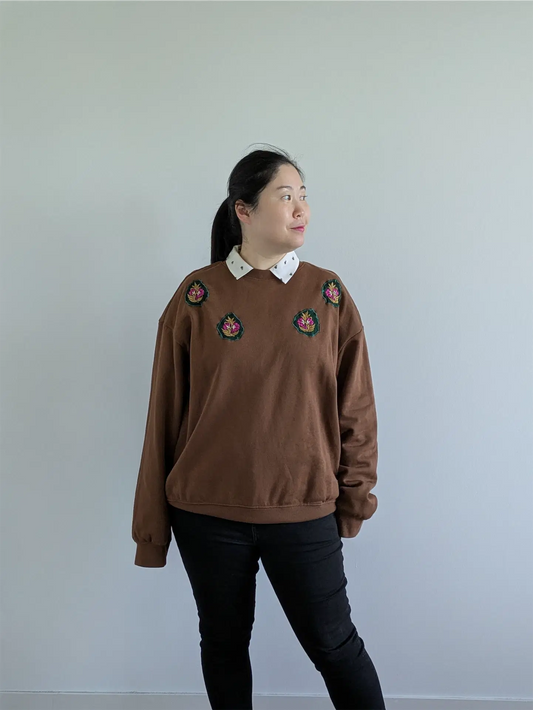 Brown Upcycled Unisex Sweatshirt: Fall Street Wear, Plant Lover Gift, One of a Kind (Size L)