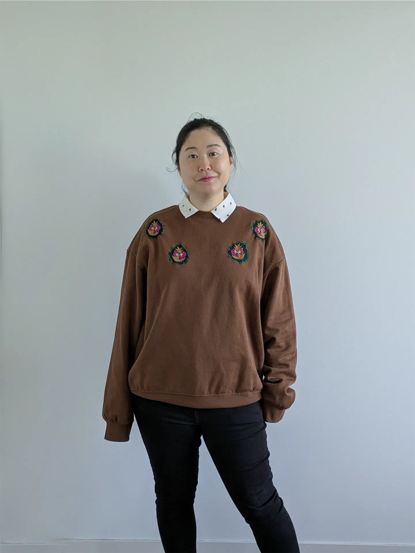 Brown Upcycled Unisex Sweatshirt: Fall Street Wear, Plant Lover Gift, One of a Kind (Size L)