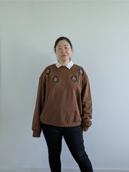 Brown Upcycled Unisex Sweatshirt: Fall Street Wear, Plant Lover Gift, One of a Kind (Size L)