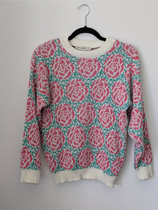 Cottage Core Vintage Sweater - Pink Rose Pattern - Fall Style, Christmas Sweater (Size S)