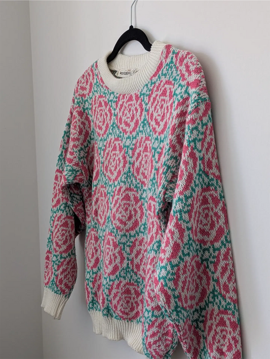 Cottage Core Vintage Sweater - Pink Rose Pattern - Fall Style, Christmas Sweater (Size S)