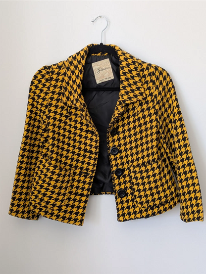 Yellow Vintage Cotton Blazer - Houndstooth Pattern (Size XS)