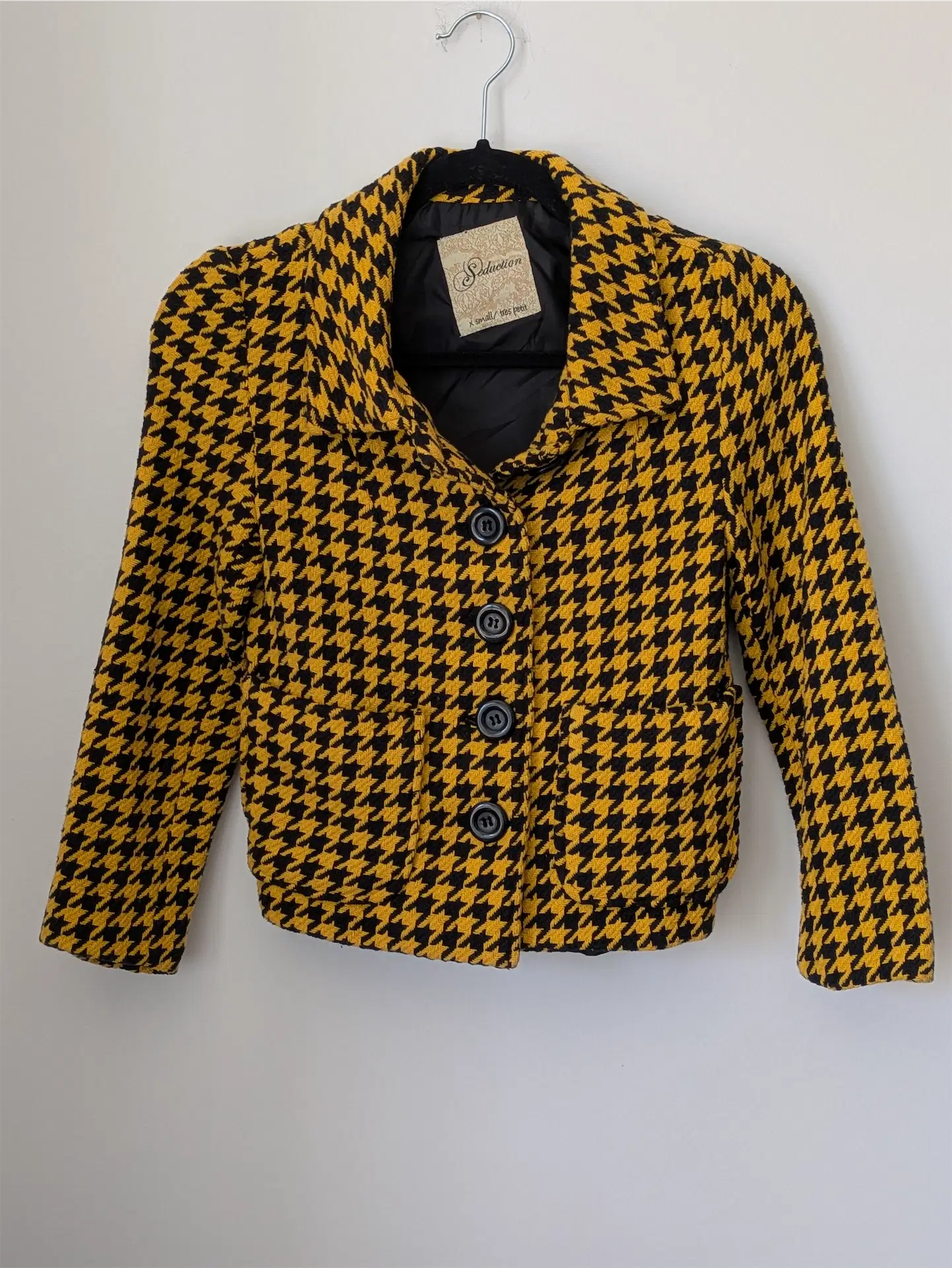 Yellow Vintage Cotton Blazer - Houndstooth Pattern (Size XS)