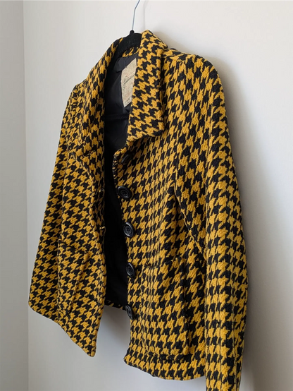 Yellow Vintage Cotton Blazer - Houndstooth Pattern (Size XS)