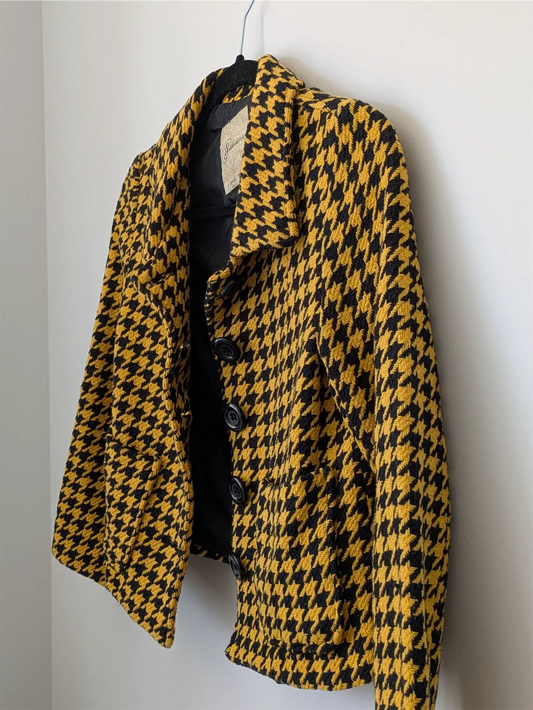 Yellow Vintage Cotton Blazer - Houndstooth Pattern (Size XS)