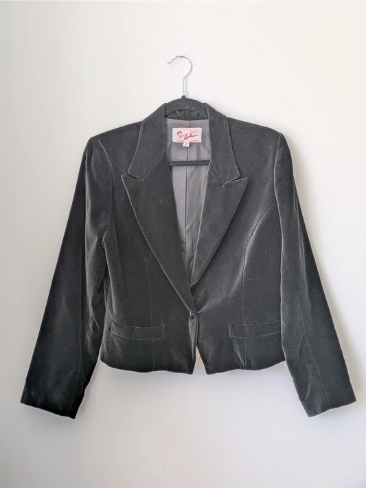Black Velvet Vintage Jacket - Dark Academia, Preppy, Minimalist (Size S/M)