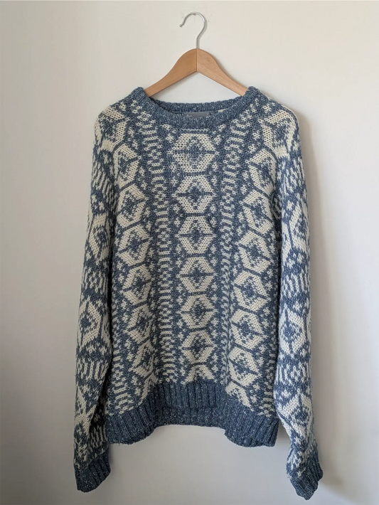 Blue and White Cottage Core Geometric Grandpa Sweater - Vintage Wool (Size L)