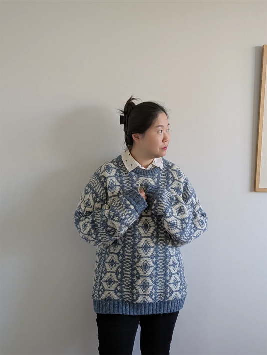 Blue and White Cottage Core Geometric Grandpa Sweater - Vintage Wool (Size L)