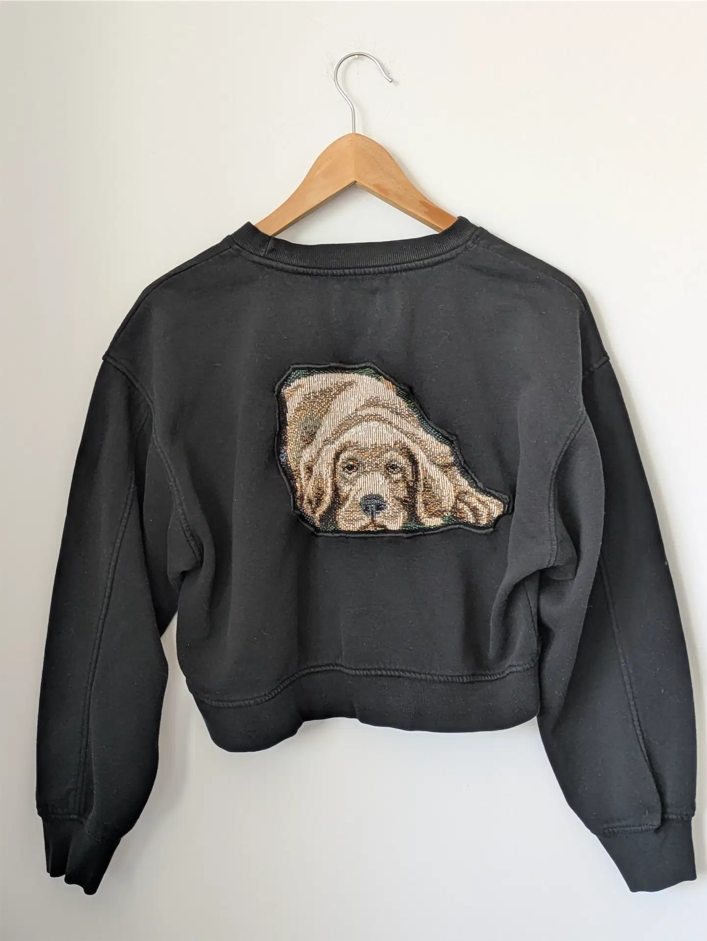 Black Upcycled Sweatshirt - Puppies (Size M, Cropped Fit)