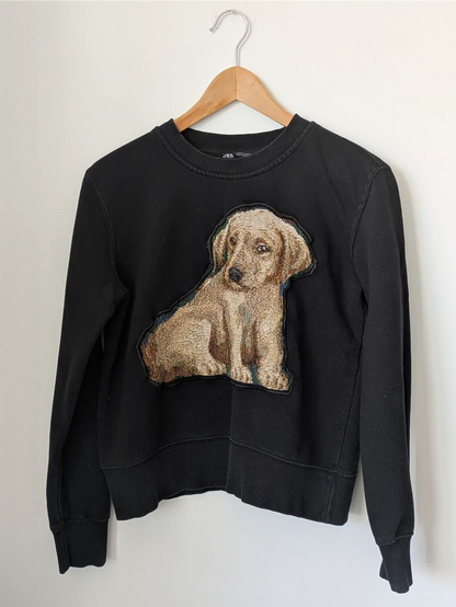 Black Upcycled Sweatshirt - Puppies (Size S)